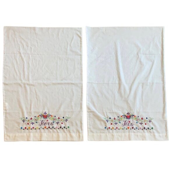 His & Hers Embroidered Queen Size Pillowcases Pair White Cotton Poly Blend - Picture 4 of 7